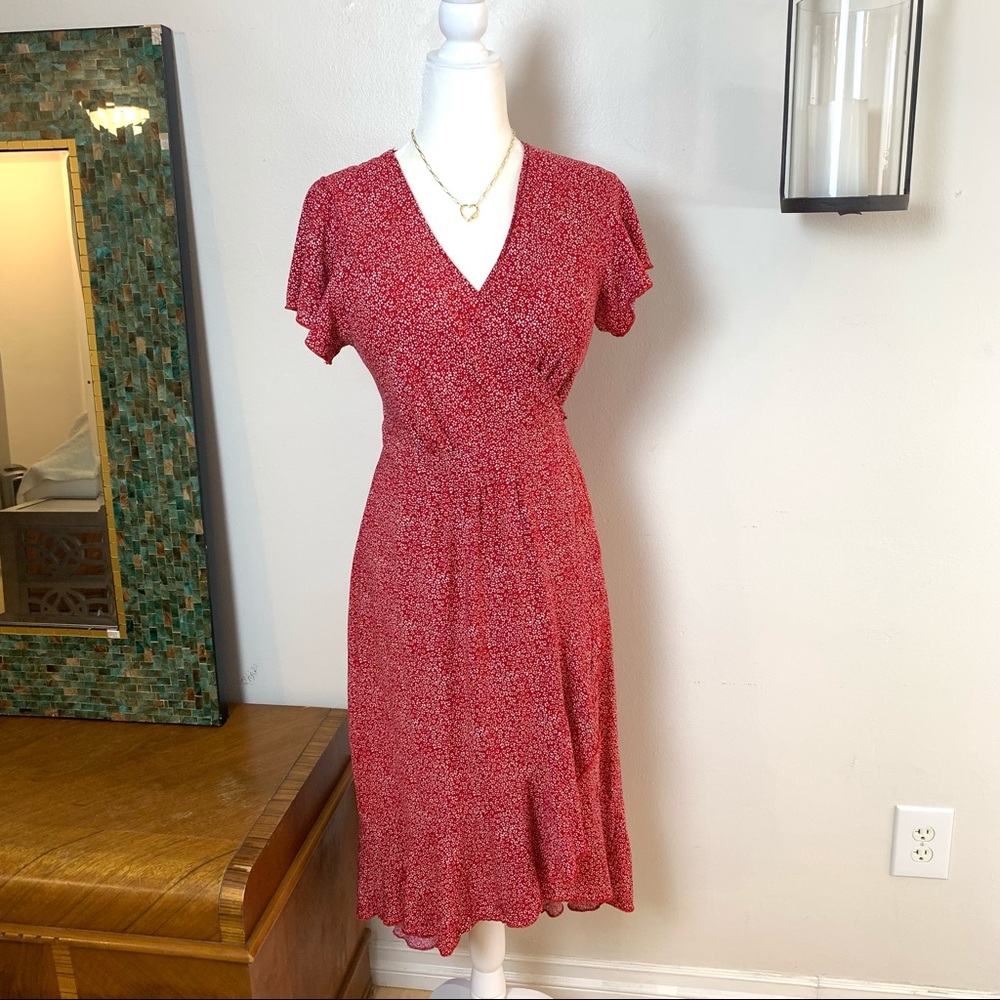 Adorable Red Floral Full Wrap Cap Sleeve Midi Dress - Picture 2 of 11